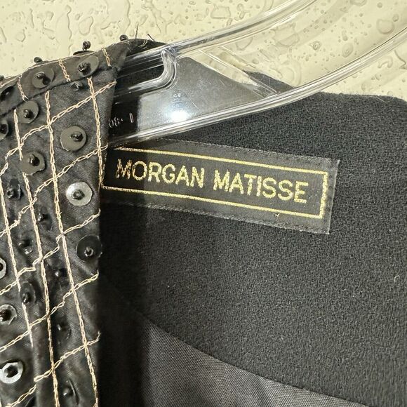 Vtg Morgan Matisse Black Long Cocktail Dress Long Sleeve Bling Side Slit Size 8 - Picture 4 of 11